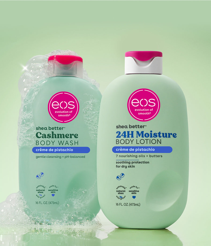 HAMYNAT eos Shea Better Crème de Pistachio body wash and body lotion set for sensitive skin with shea butter
