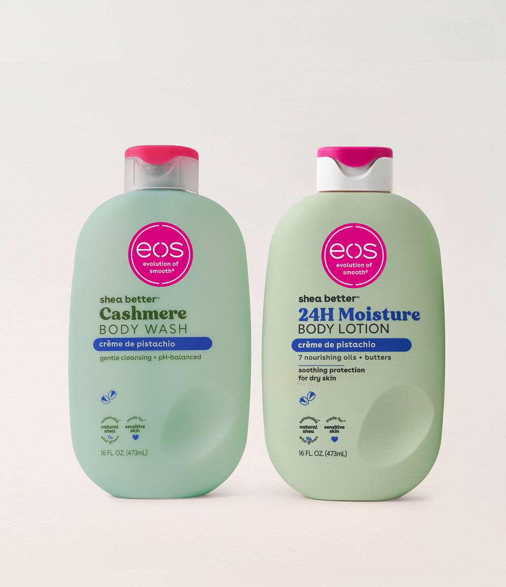 HAMYNAT eos Shea Better Crème de Pistachio body wash and lotion set in light green bottles for sensitive skin