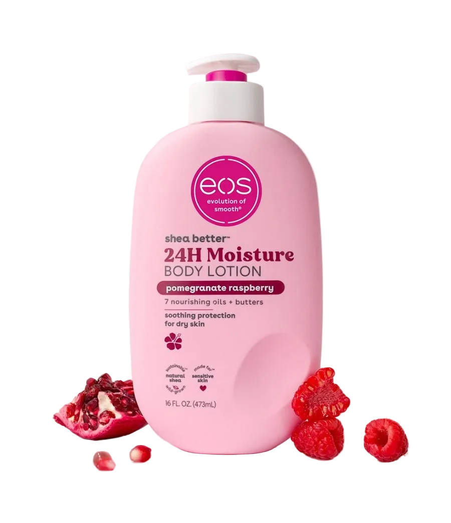 EOS Pomegranate Raspberry Body Lotion bottle with fruity pomegranate and raspberry fragrance.