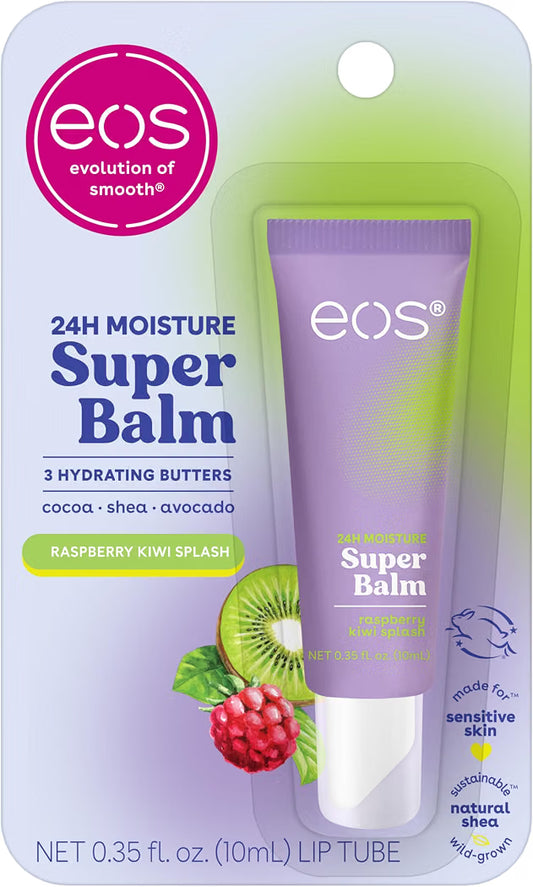 HAMYNAT eos 24H Moisture Super Balm in Raspberry Kiwi Splash, a hydrating lip treatment in a purple squeeze tube.