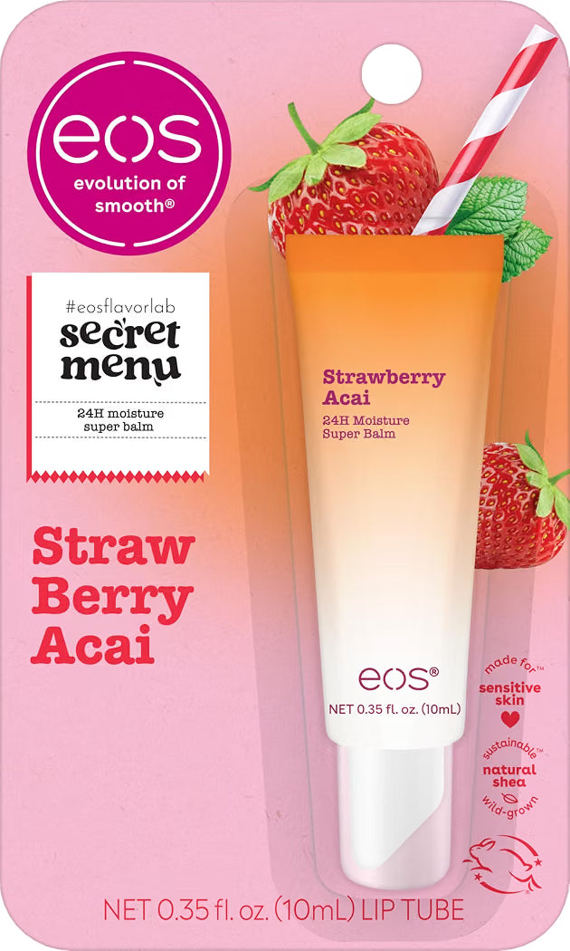 HAMYNAT eos Strawberry Acai 24H moisture super lip balm in a travel-friendly tube on pink branded retail packaging.