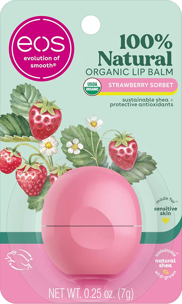 HAMYNAT eos Strawberry Sorbet organic lip balm sphere in pink packaging with strawberry illustrations
