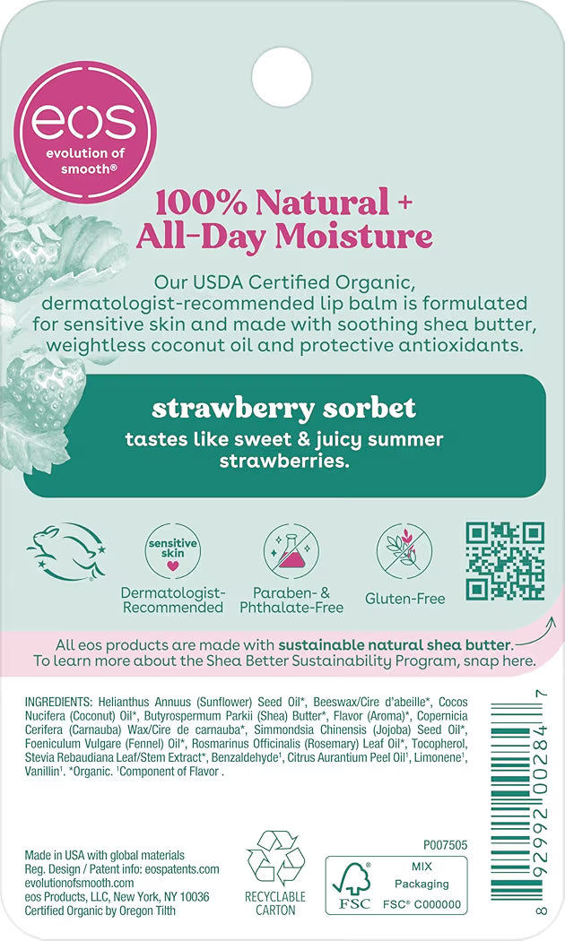 Back of HAMYNAT eos Strawberry Sorbet organic lip balm packaging showing ingredients and product benefits