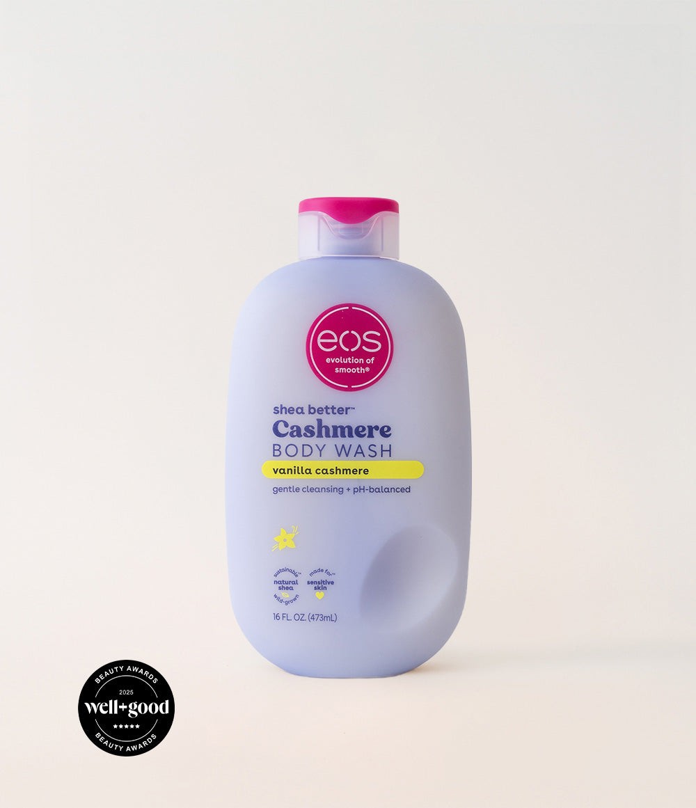 HAMYNAT EOS Vanilla Cashmere body wash in a light purple 473ml bottle with a pink flip-top cap.