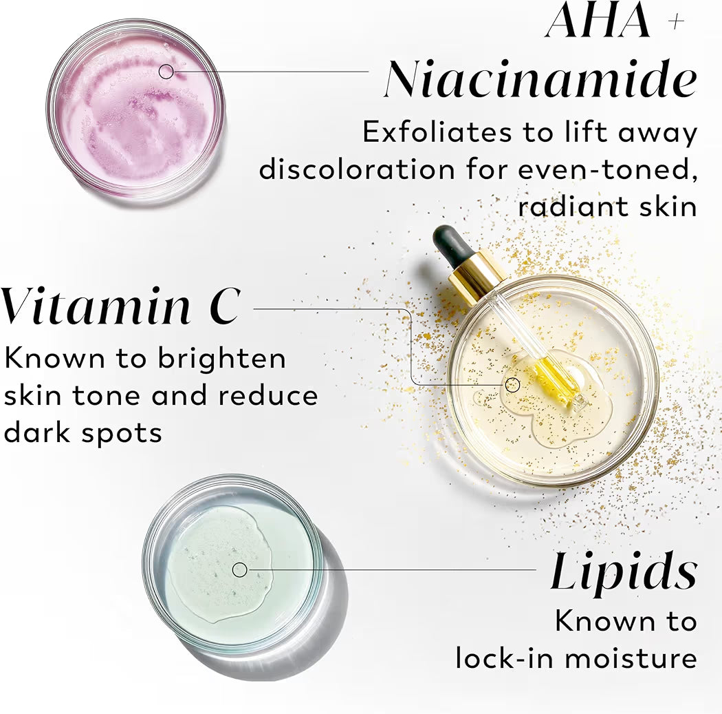 HAMYNAT Olay body lotion ingredients showing AHA, Niacinamide, Vitamin C, and lipids in glass dishes for skin brightening