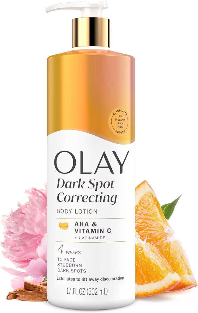 HAMYNAT Olay Dark Spot Correcting body lotion bottle with AHA, Vitamin C, and Niacinamide, featuring citrus and peony.