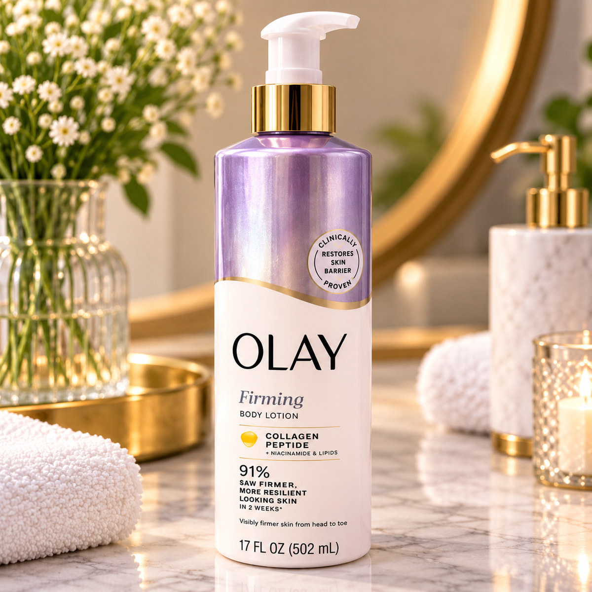 HAMYNAT Olay Firming Body Lotion with collagen peptide, niacinamide, and lipids in a purple and white pump bottle.