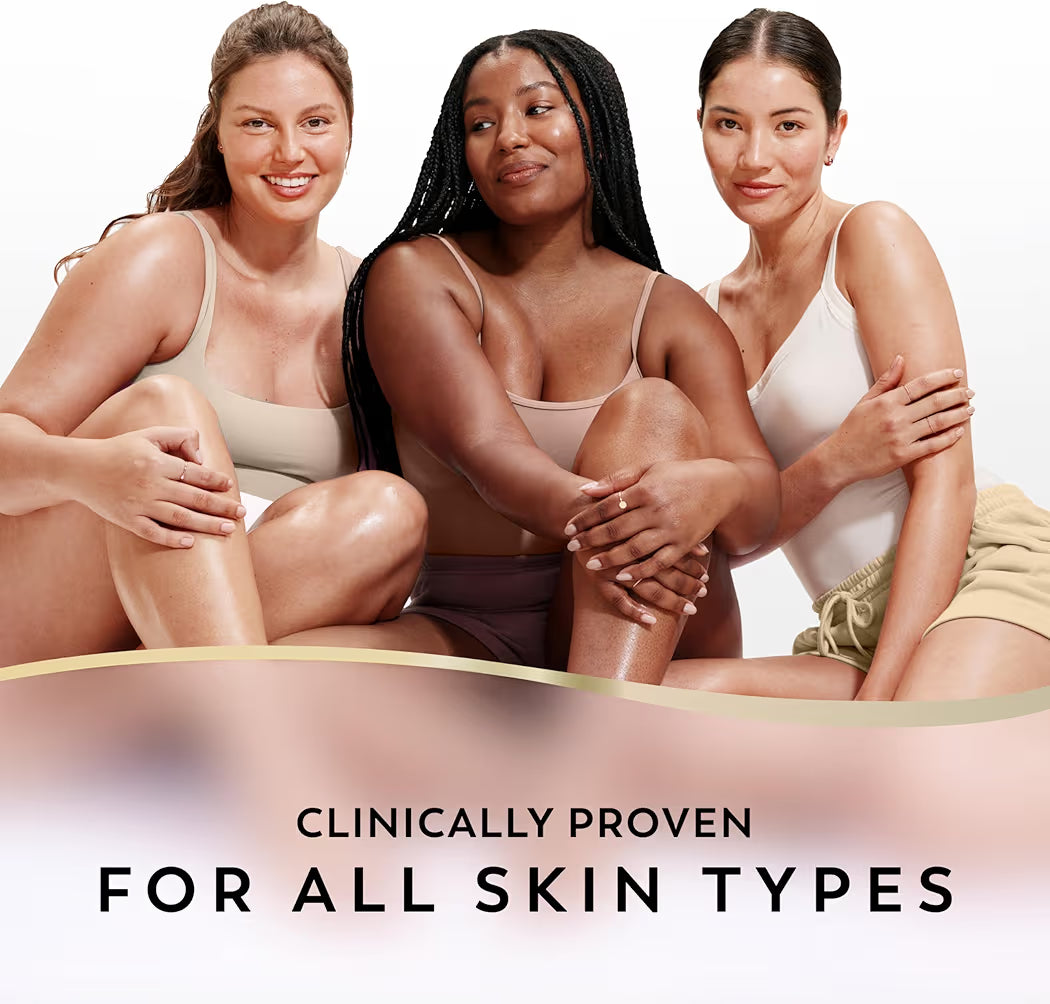 Three diverse women with glowing skin posing together for the HAMYNAT Olay hydrating body lotion collection campaign.