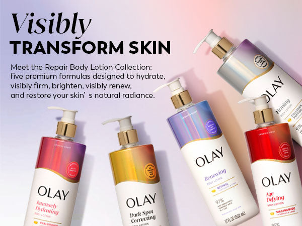 HAMYNAT Olay premium hydrating body lotion collection featuring five bottles with pump dispensers for skin care.