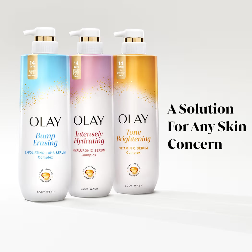HAMYNAT Olay body wash collection featuring Bump Erasing, Intensely Hydrating, and Tone Brightening pump bottles.