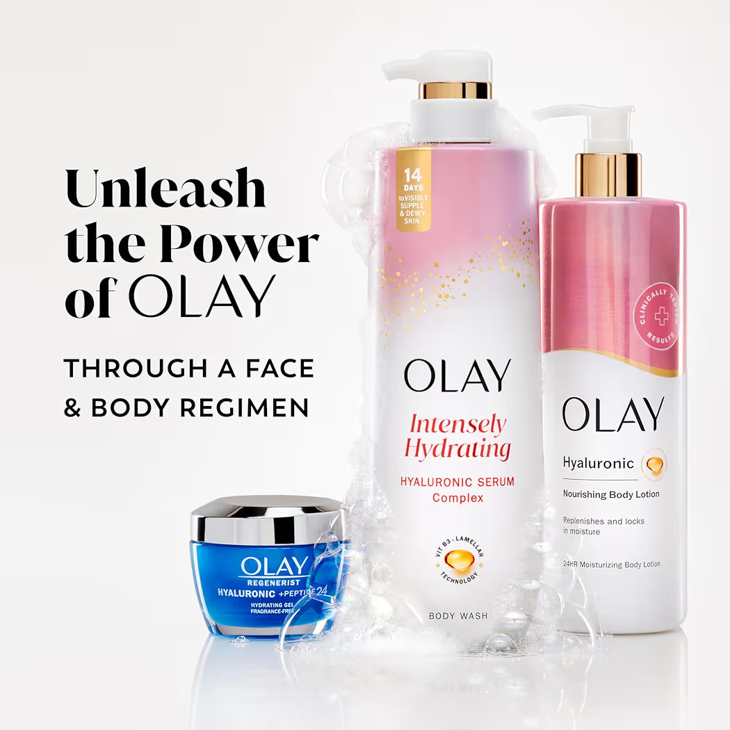 HAMYNAT Olay Intensely Hydrating Body Wash and lotion set with Hyaluronic Serum Complex for soft, dewy skin.