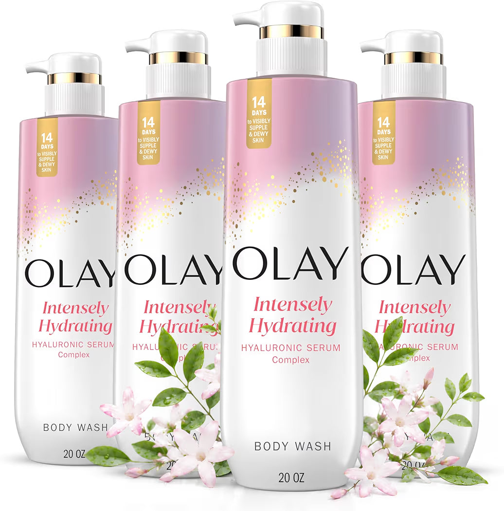 HAMYNAT Olay Intensely Hydrating Body Wash bottles with Hyaluronic Serum Complex and pink floral accents.