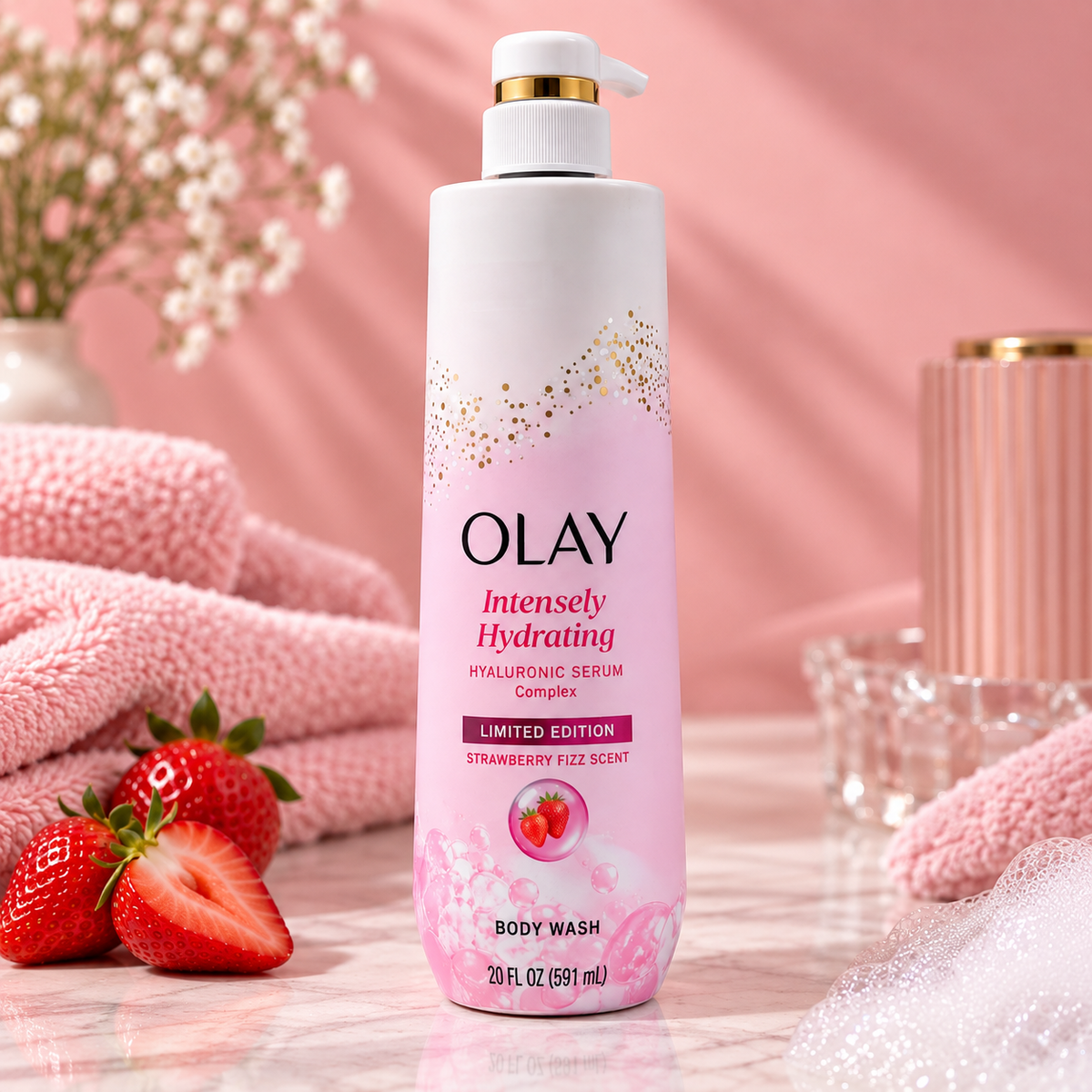 HAMYNAT Olay Intensely Hydrating Body Wash with Hyaluronic Serum Complex and Strawberry Fizz scent in a pump bottle.