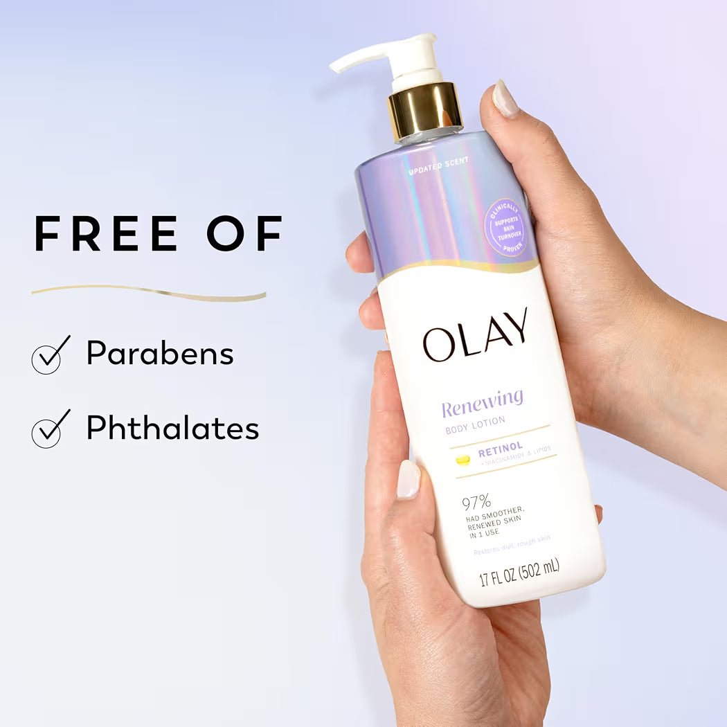 HAMYNAT Olay Renewing Retinol body lotion bottle held in hands, featuring a holographic cap and paraben-free label.