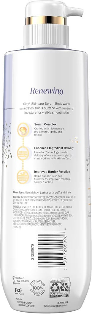 HAMYNAT Olay Renewing Retinol Serum Complex body wash bottle back label with ingredient and usage information