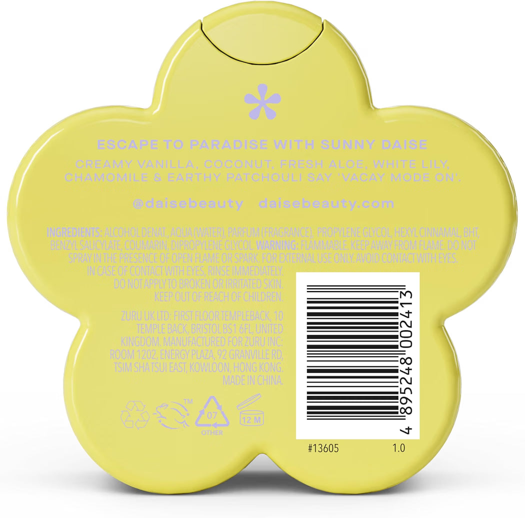 HAMYNAT Sunny Daise fragrance body mist back view showing ingredients and barcode on a yellow flower-shaped bottle.