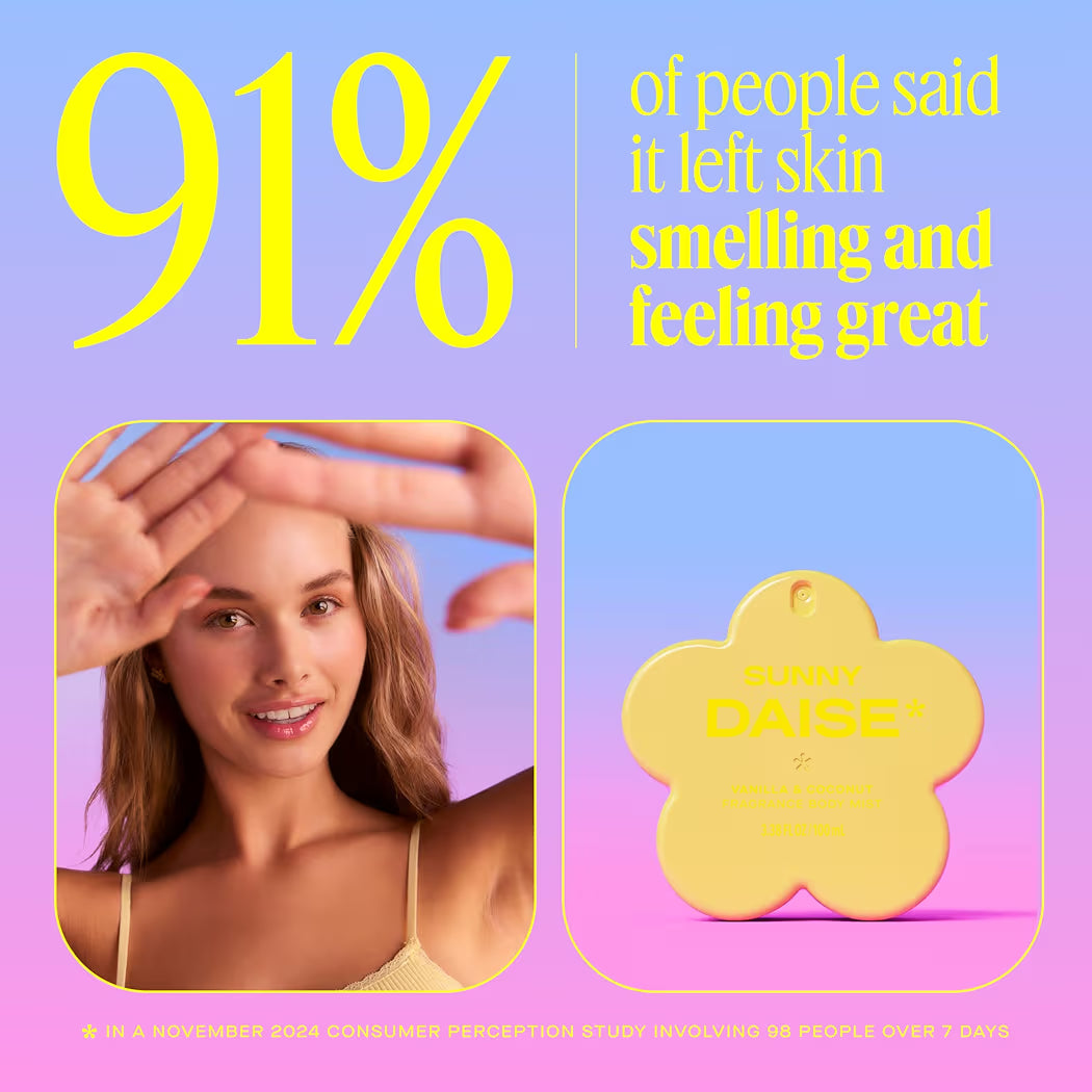HAMYNAT Sunny Daise body mist in a yellow flower-shaped bottle next to a smiling woman with a gradient background.
