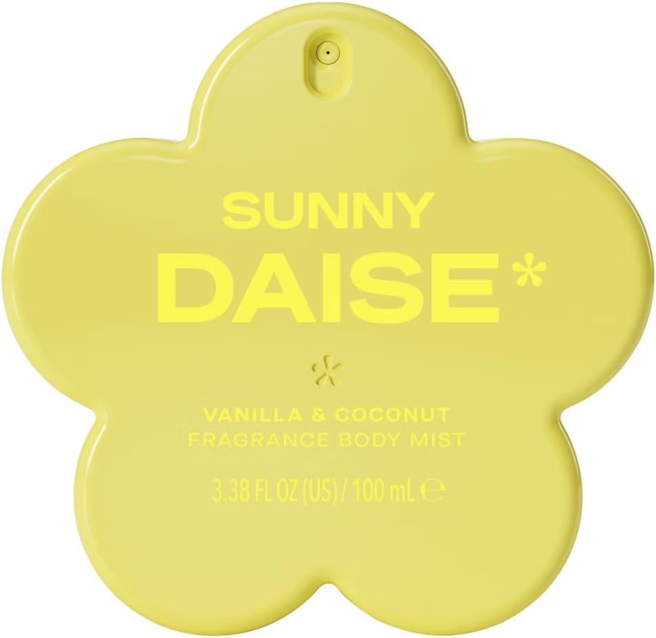 HAMYNAT Sunny Daise fragrance body mist in a yellow flower-shaped bottle with vanilla and coconut scent notes.