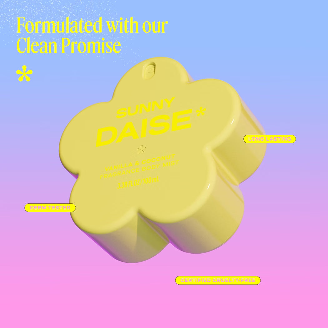 HAMYNAT Sunny Daise fragrance body mist in a yellow flower-shaped bottle with vanilla and coconut scent notes.