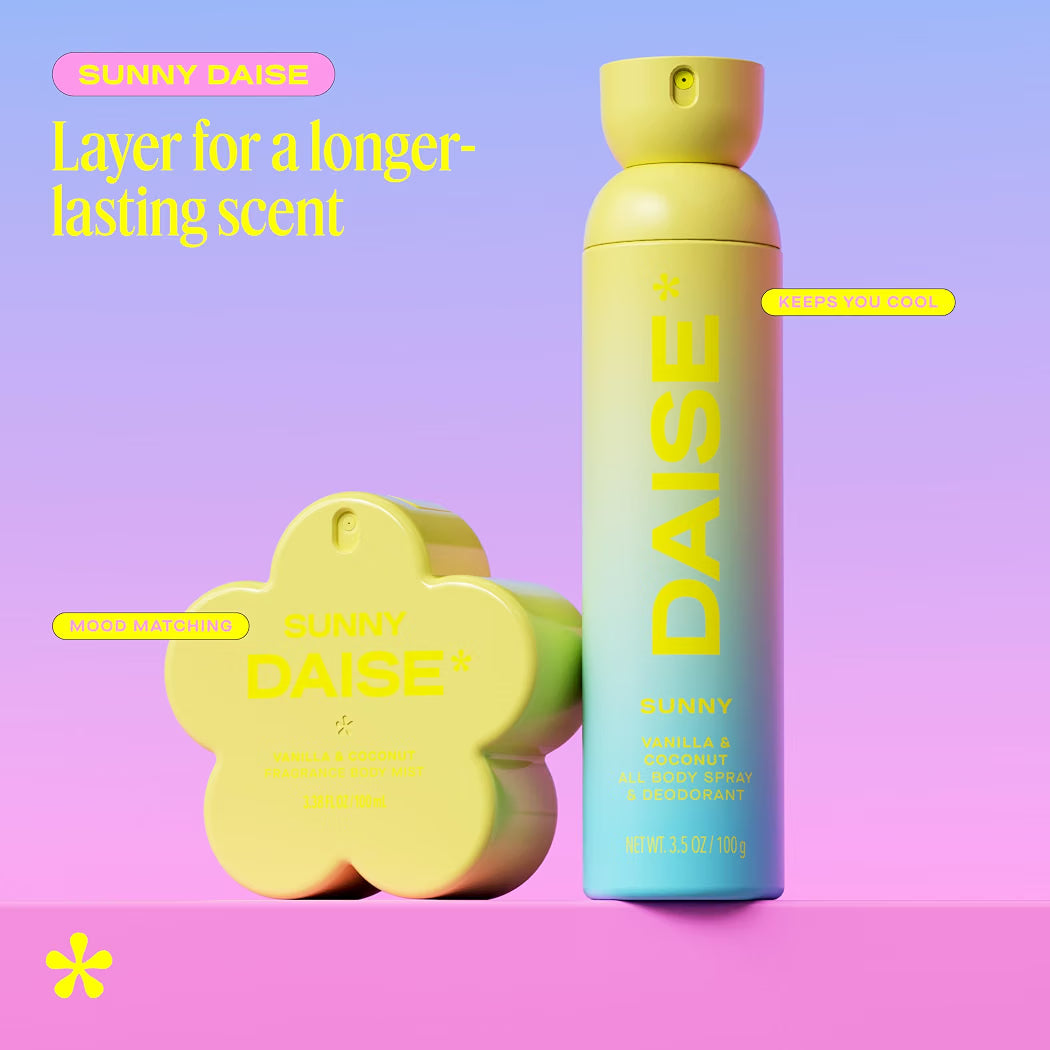 HAMYNAT Sunny Daise vanilla and coconut fragrance body mist and deodorant spray in flower-shaped yellow packaging.