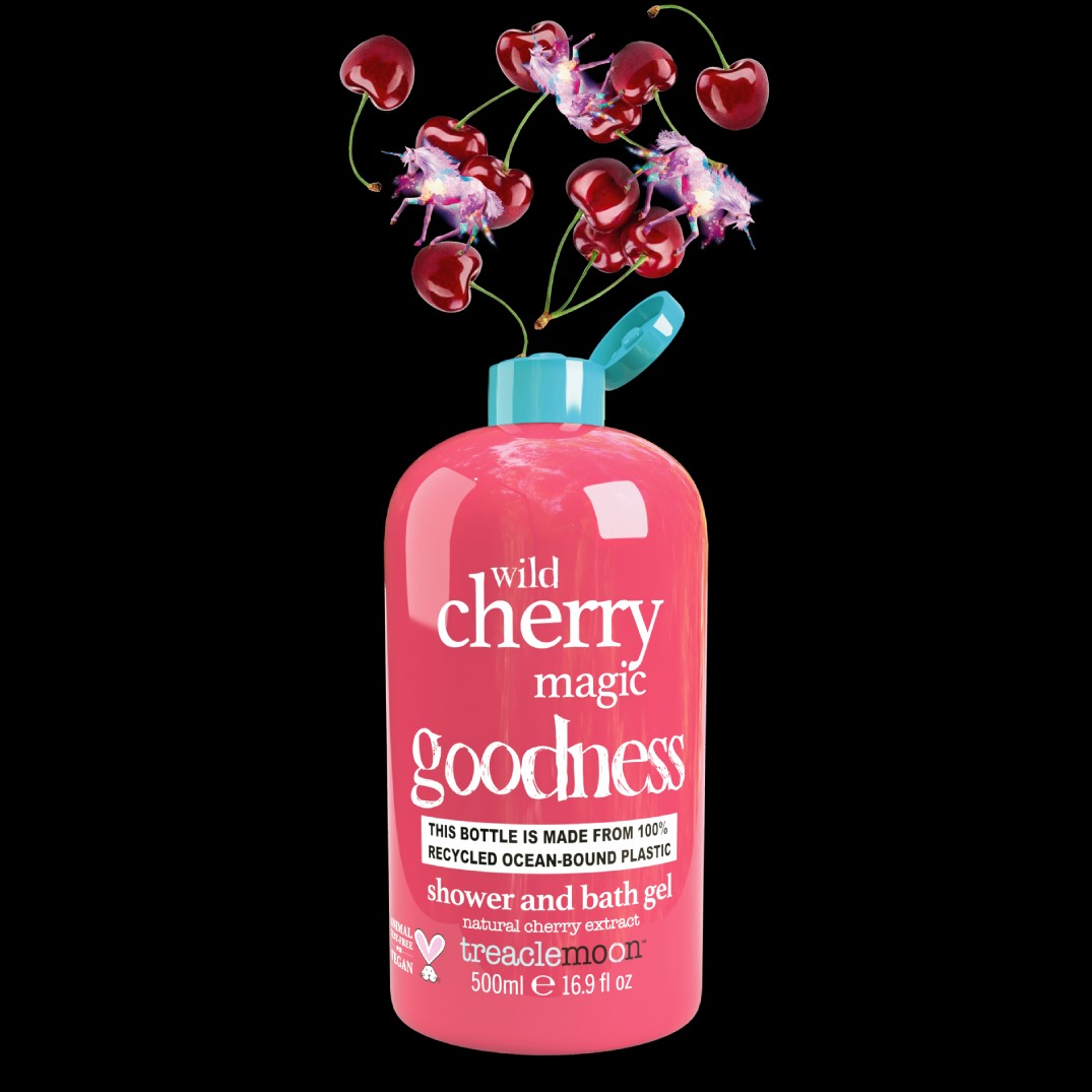 HAMYNAT Treaclemoon Wild Cherry Magic shower and bath gel in a pink 500ml bottle with floating cherry illustrations.