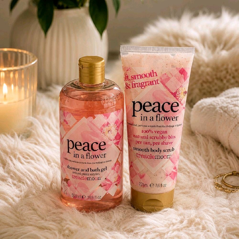 HAMYNAT Treaclemoon Peace in a Flower body wash and body scrub duo set with floral packaging on a fluffy rug