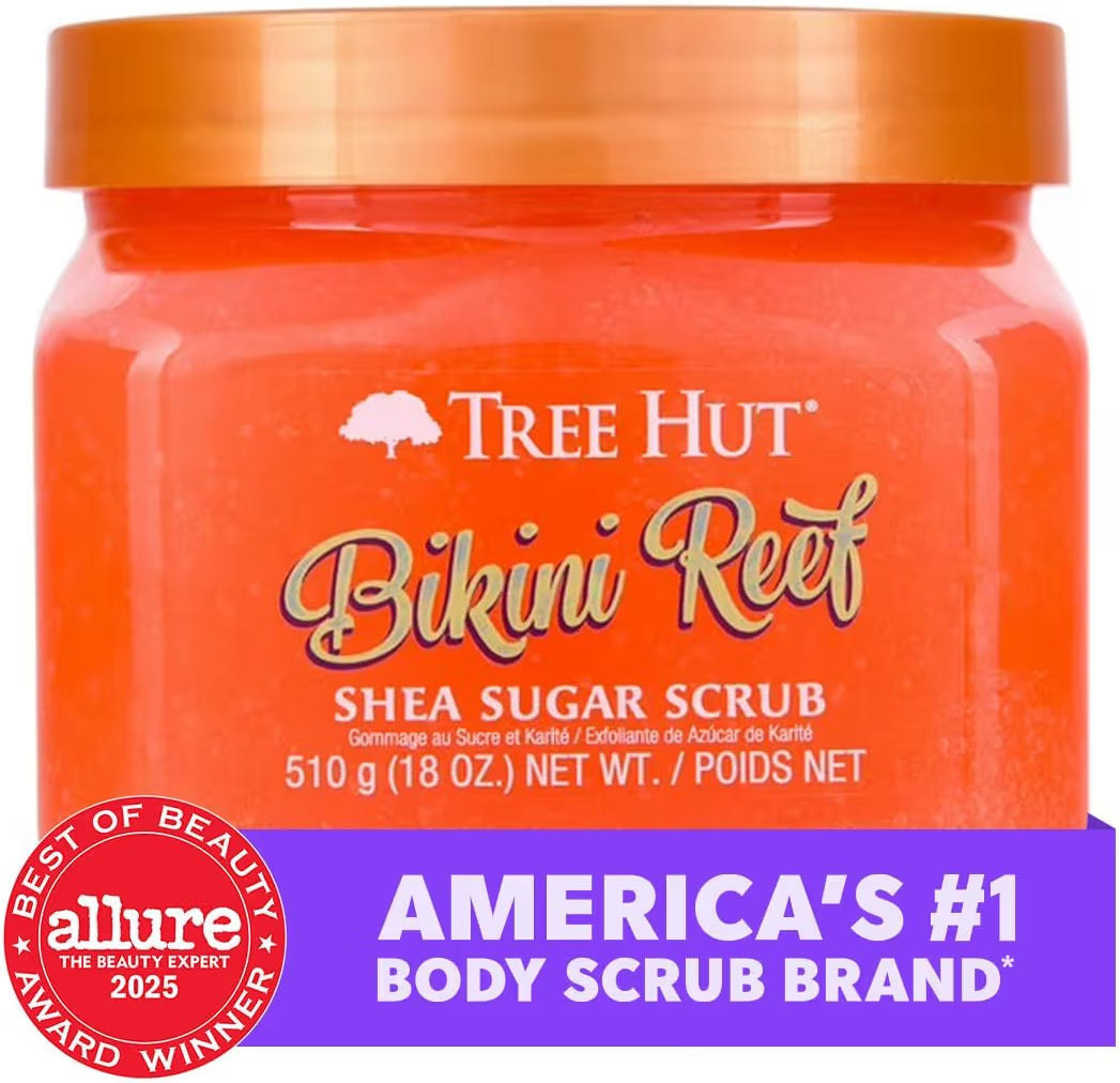 HAMYNAT Tree Hut Bikini Reef Shea Sugar Scrub in an orange jar with an Allure Best of Beauty 2025 award badge