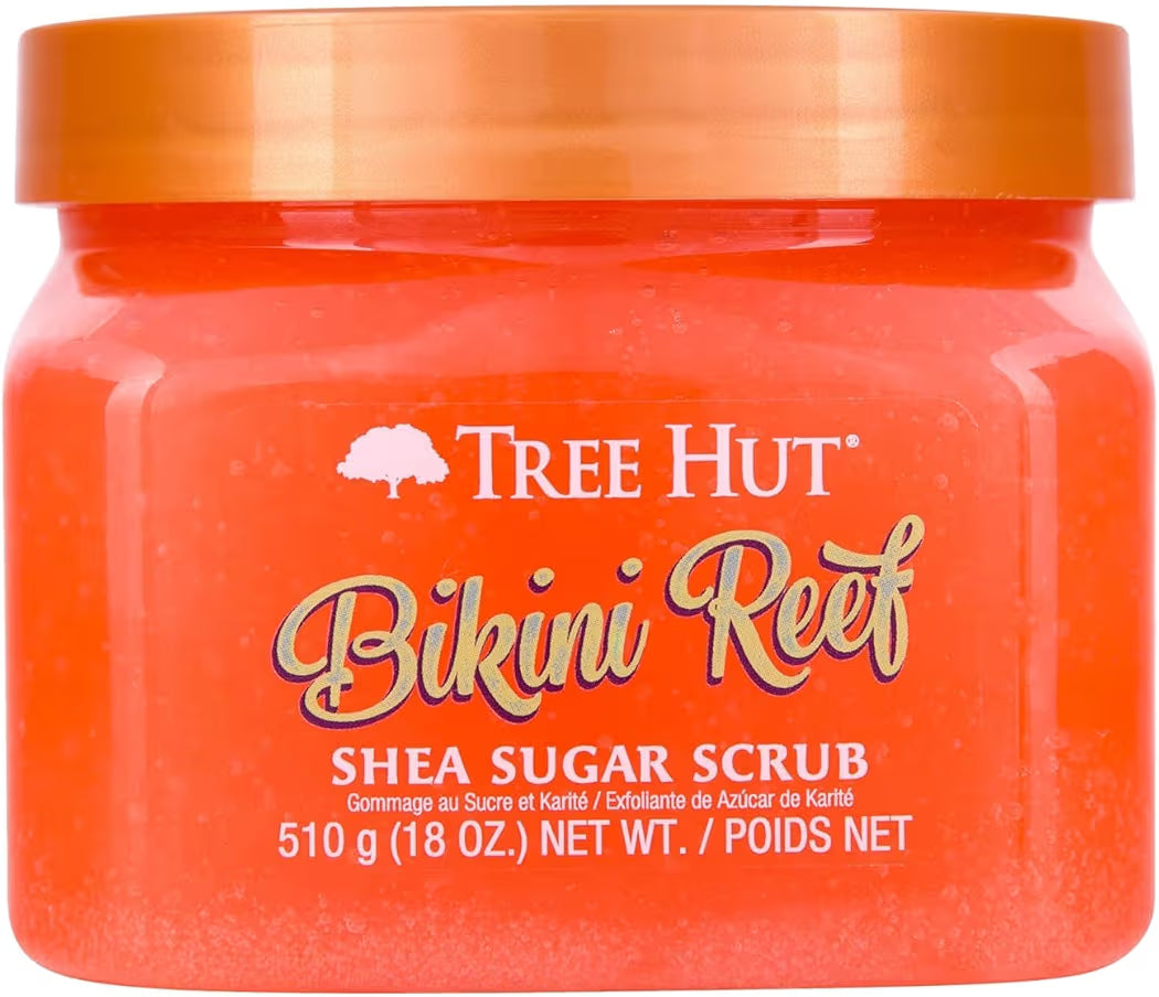 HAMYNAT Tree Hut Bikini Reef Shea Sugar Scrub in a bright orange jar for exfoliating and hydrating skin.