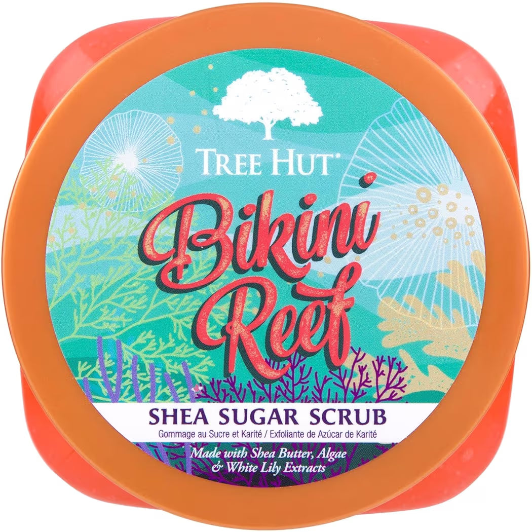 HAMYNAT Tree Hut Bikini Reef Shea Sugar Scrub jar with tropical reef label, shea butter and algae body exfoliator