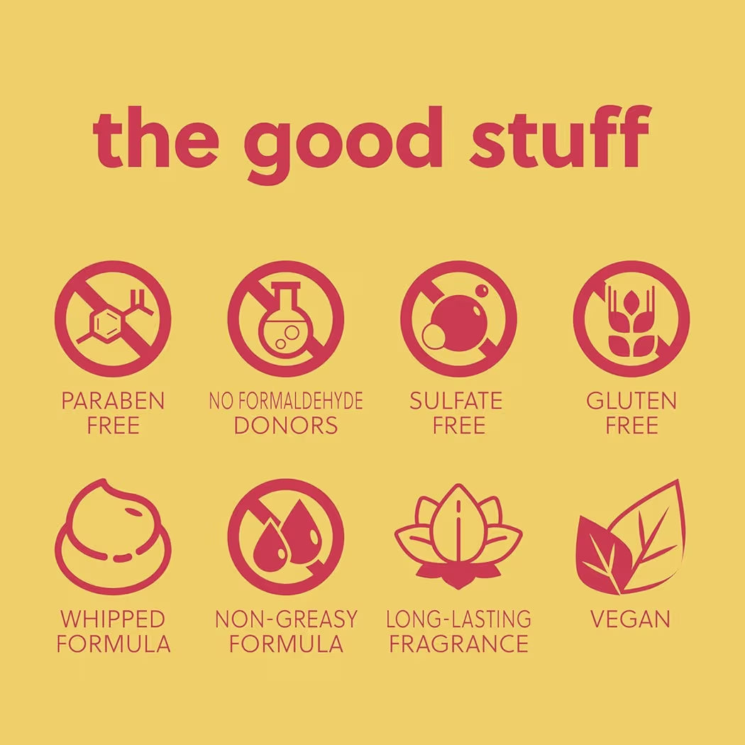 HAMYNAT Tree Hut body butter ingredient icons showing paraben-free, vegan, and whipped formula benefits.