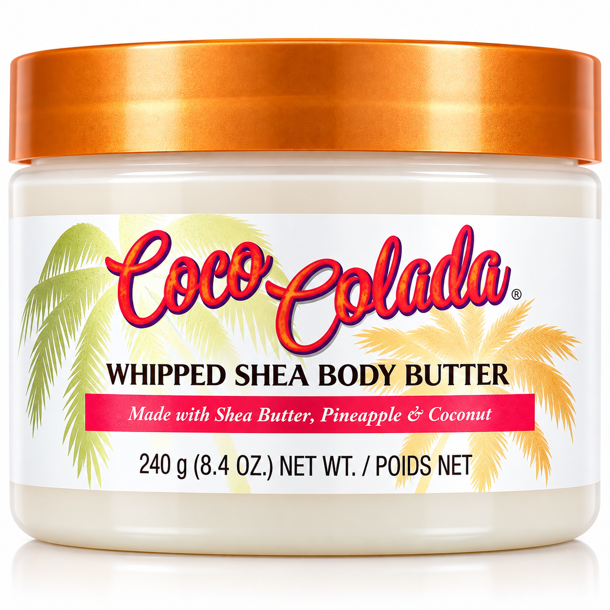 HAMYNAT Tree Hut Coco Colada whipped shea body butter in a jar with a tropical pineapple and coconut design.