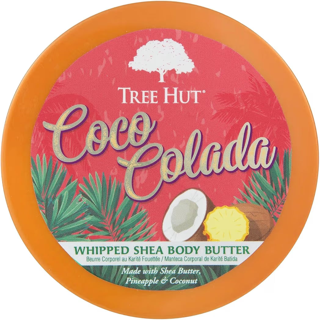 HAMYNAT Tree Hut Coco Colada whipped shea body butter jar with tropical pineapple and coconut label design