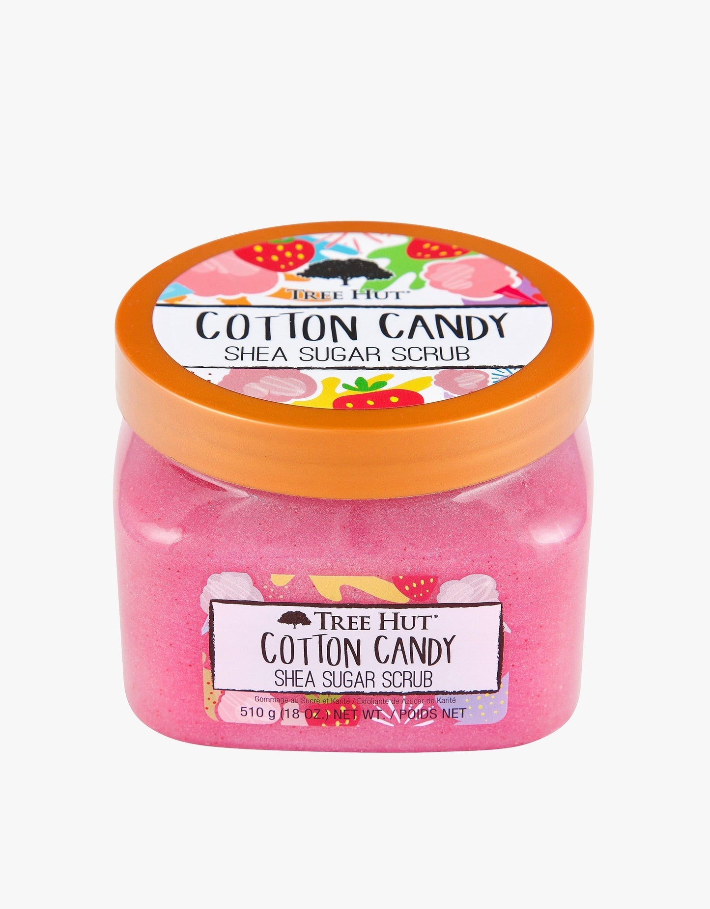 HAMYNAT Tree Hut Cotton Candy Shea Sugar Scrub in a 510g pink exfoliating jar with a vibrant floral lid