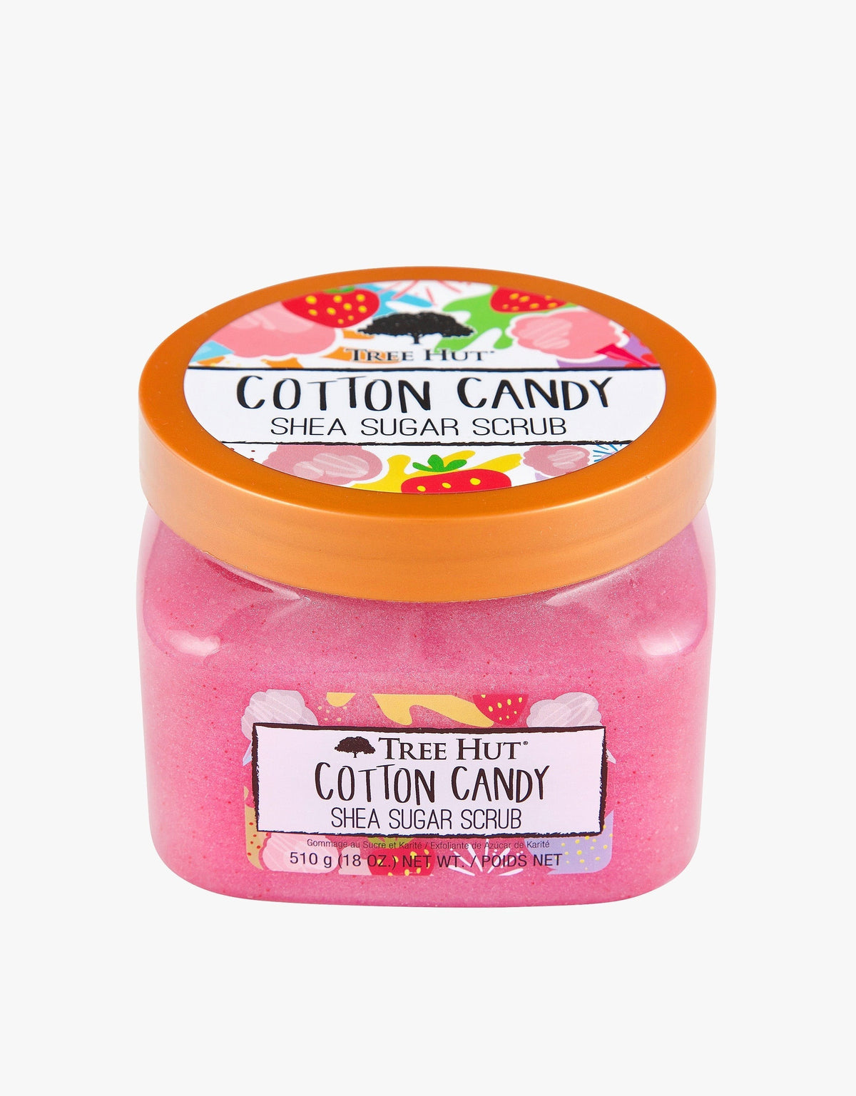 HAMYNAT Tree Hut Cotton Candy Shea Sugar Scrub in a 510g pink exfoliating jar with a vibrant floral lid