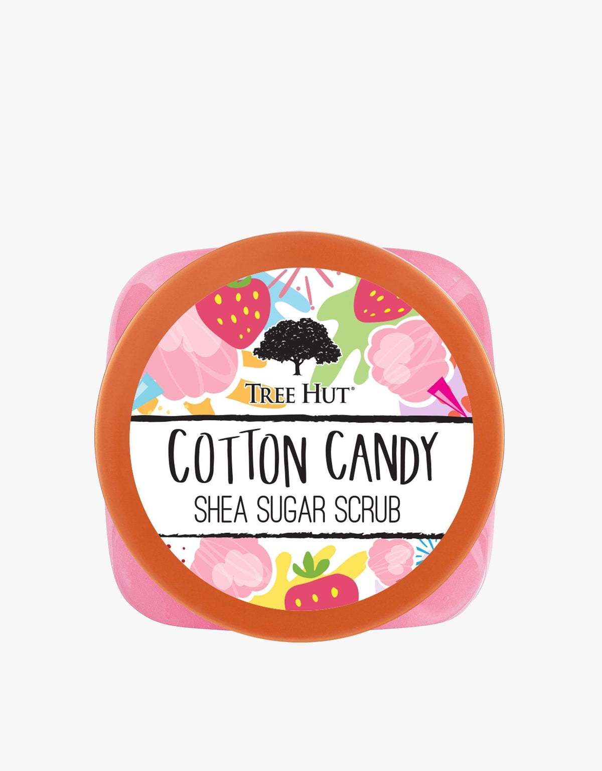 HAMYNAT Tree Hut Cotton Candy Shea Sugar Scrub in a pink jar with a colourful strawberry and candy themed lid