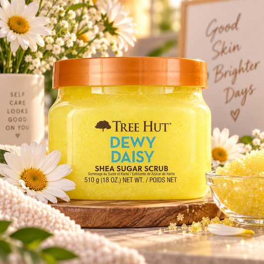 HAMYNAT Tree Hut Dewy Daisy Shea Sugar Scrub in a yellow jar surrounded by fresh daisies and a self-care sign.
