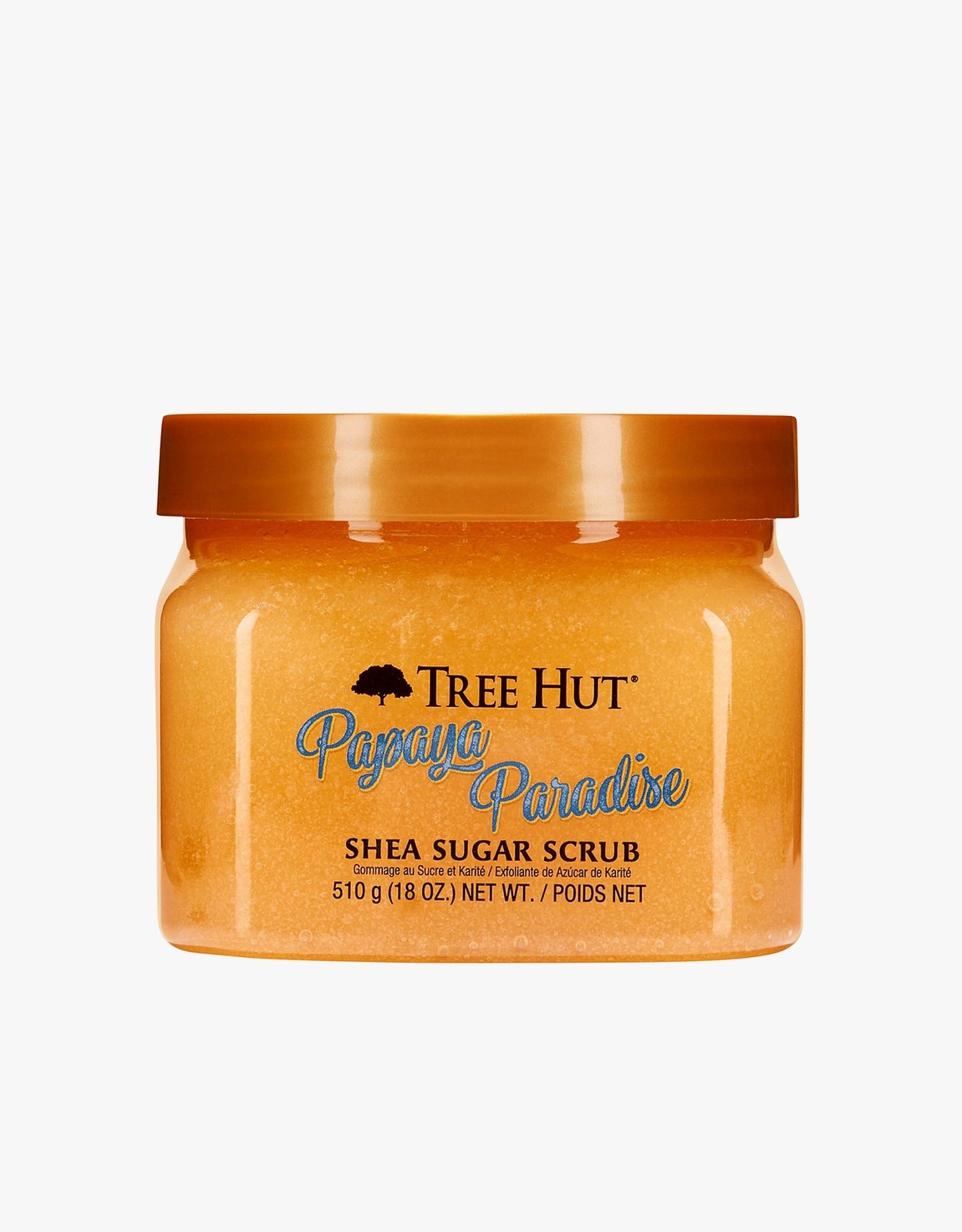 HAMYNAT Tree Hut Papaya Paradise Shea Sugar Scrub in a clear jar with a bronze lid, featuring a vibrant orange texture.
