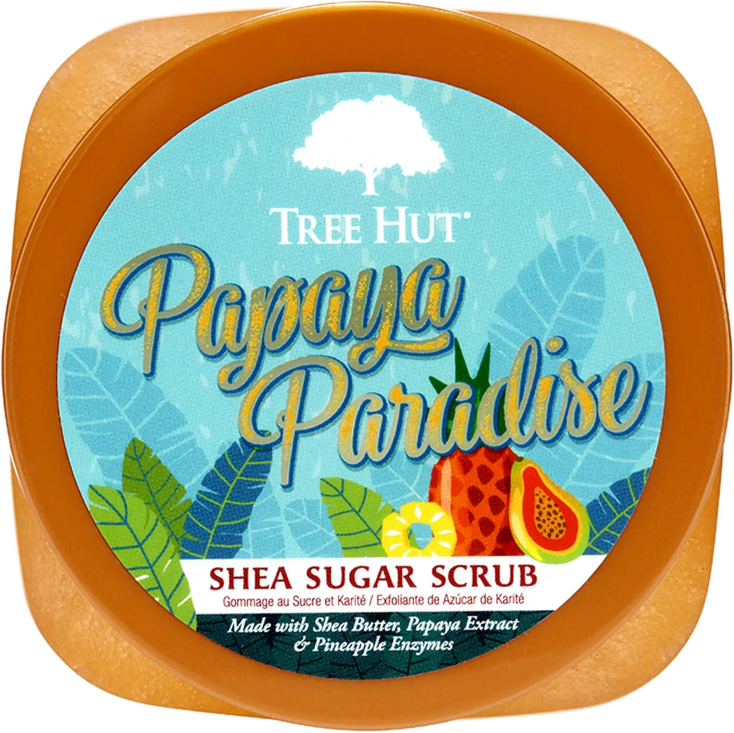 HAMYNAT Tree Hut Papaya Paradise Shea Sugar Scrub in a round jar with tropical fruit illustrations on the label