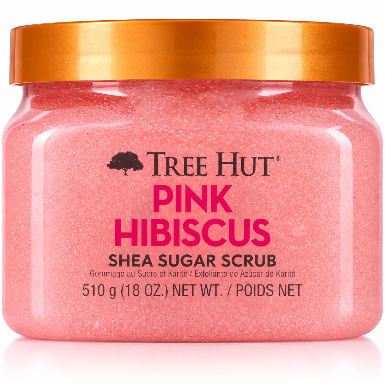 HAMYNAT Tree Hut Pink Hibiscus Shea Sugar Scrub in a clear jar with a metallic orange lid.