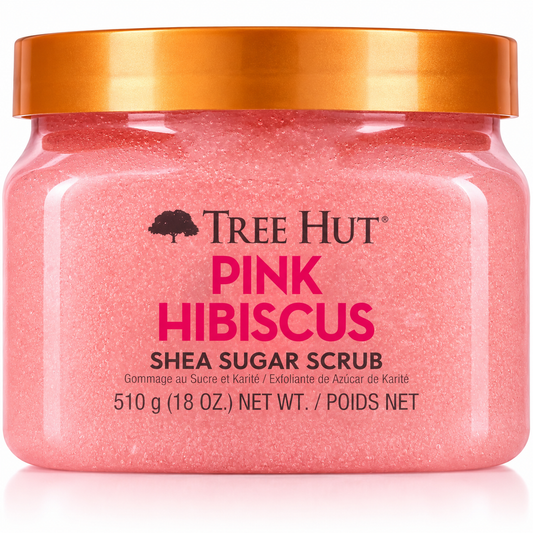 HAMYNAT Tree Hut Pink Hibiscus Shea Sugar Scrub in a clear jar with a metallic orange lid.
