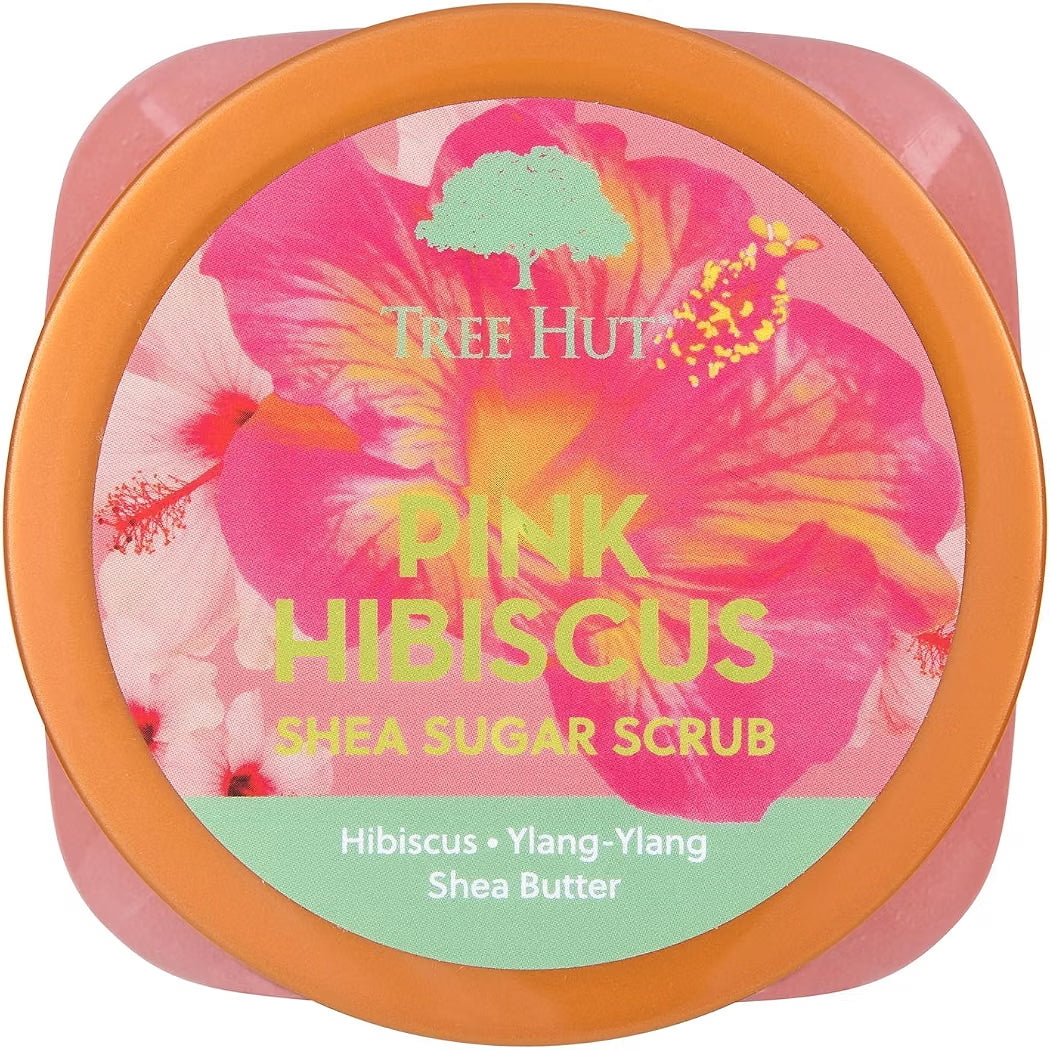 HAMYNAT Tree Hut Pink Hibiscus Shea Sugar Scrub in a round jar with a floral label featuring hibiscus and ylang-ylang.