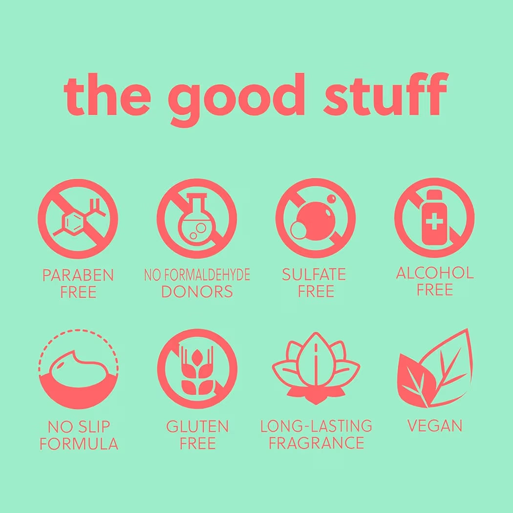 HAMYNAT infographic showing Tree Hut Bikini Reef scrub benefits: paraben, sulfate, alcohol, and gluten-free icons.