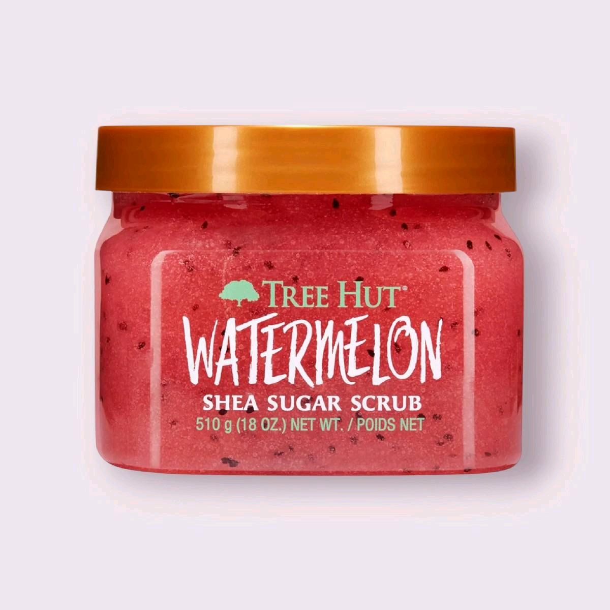 HAMYNAT Tree Hut Watermelon Shea Sugar Scrub in a clear jar with a copper lid, featuring a vibrant red exfoliating gel.