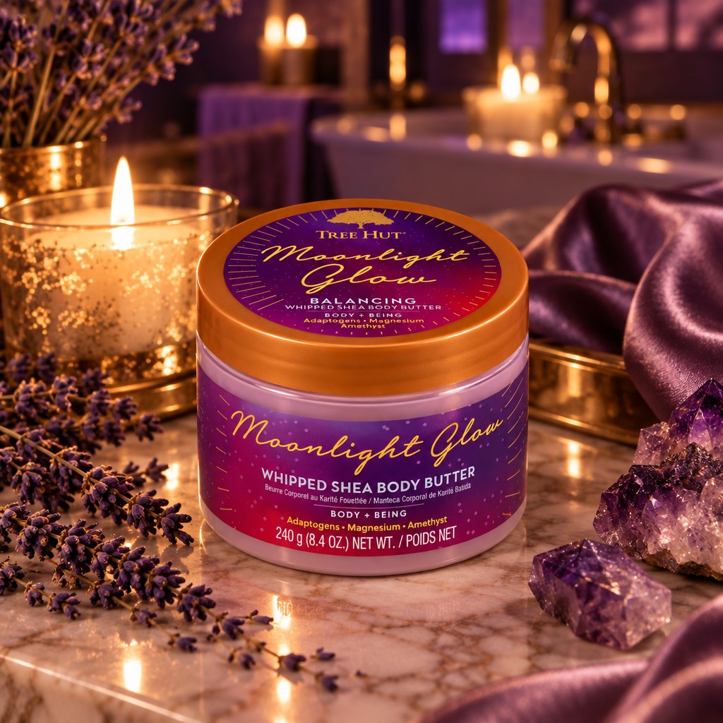 HAMYNAT Tree Hut Moonlight Glow whipped shea body butter in a purple jar with lavender and amethyst crystals