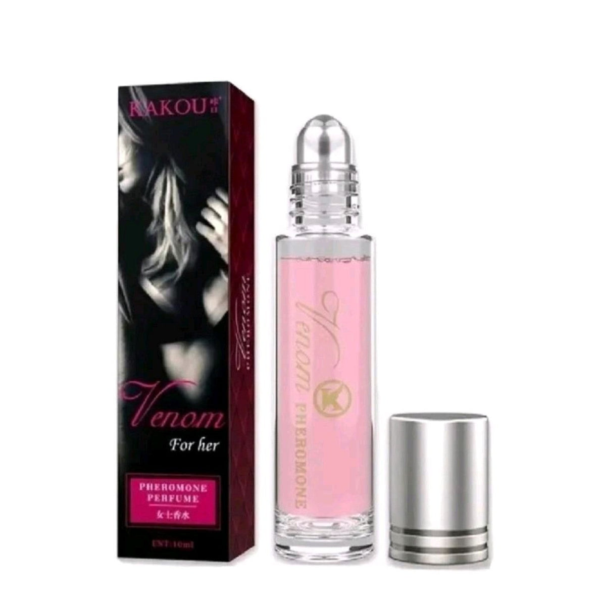 HAMYNAT Venom For Her 10ml roll-on pheromone perfume in a glass bottle with a dark floral and blackcurrant box.