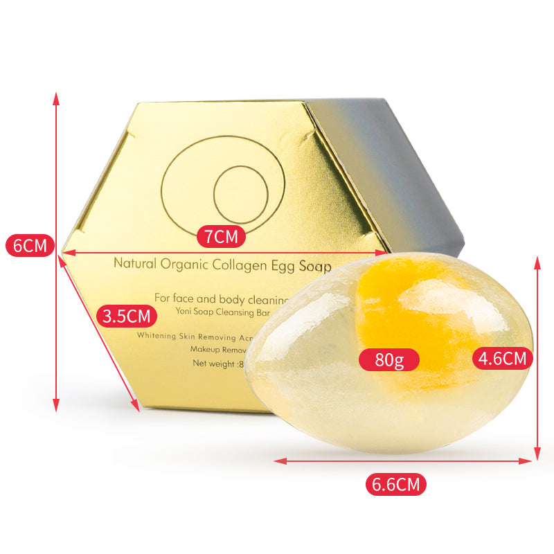 Natural Collagen Egg Soap 80g with gold hexagonal packaging and illustrated soap dimensions