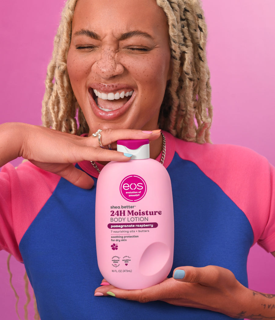 EOS Shea Better 24H Moisture Body Lotion in Pomegranate Raspberry fragrance, formulated with shea butter for soft, hydrated skin.