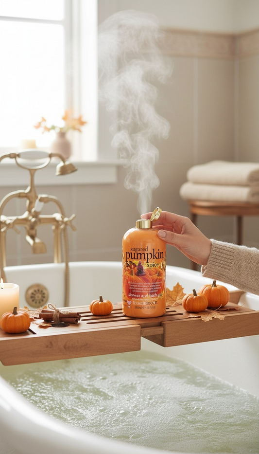 Treaclemoon Sugared Pumpkin Spice Shower & Bath Gel 500ml displayed in a cosy autumn bathroom beside a bathtub and seasonal decorations.