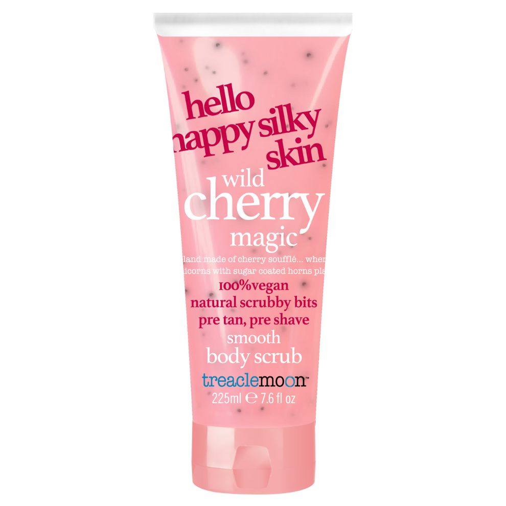 Treaclemoon Wild Cherry Magic body scrub in a 225ml pink squeeze tube with visible exfoliating particles