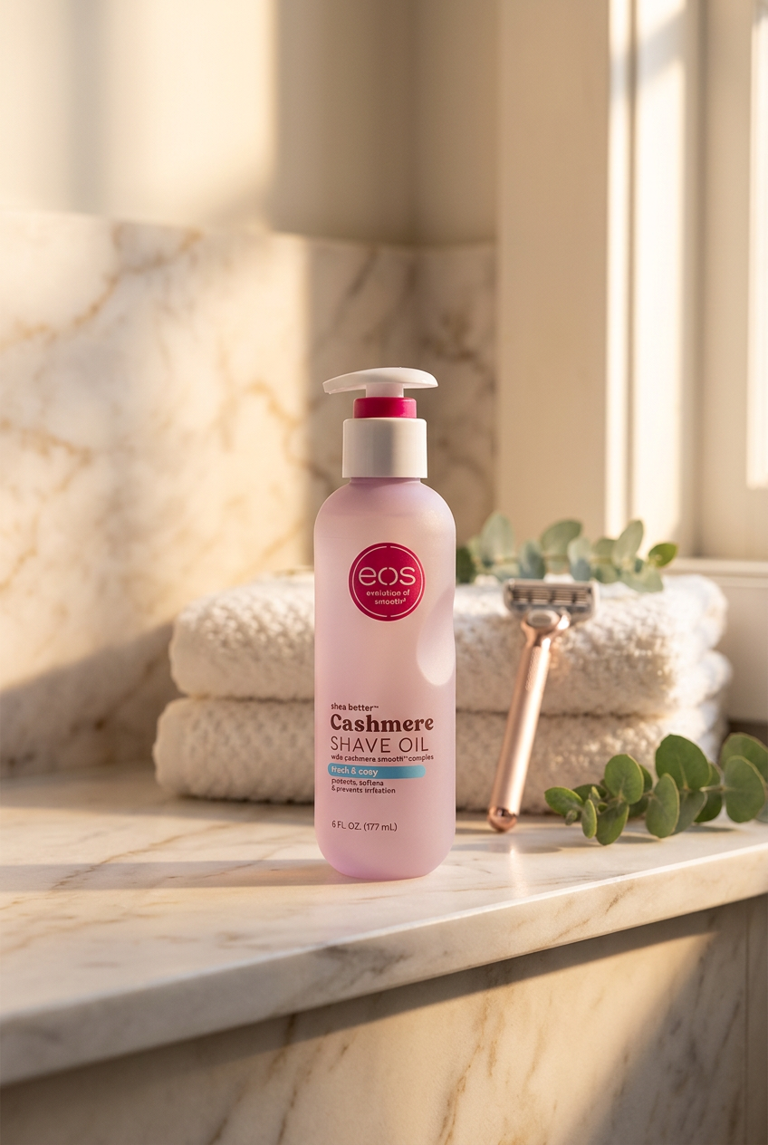 EOS Fresh and Cozy Shave Oil 177ml bottle with a razor and white towels on a marble surface